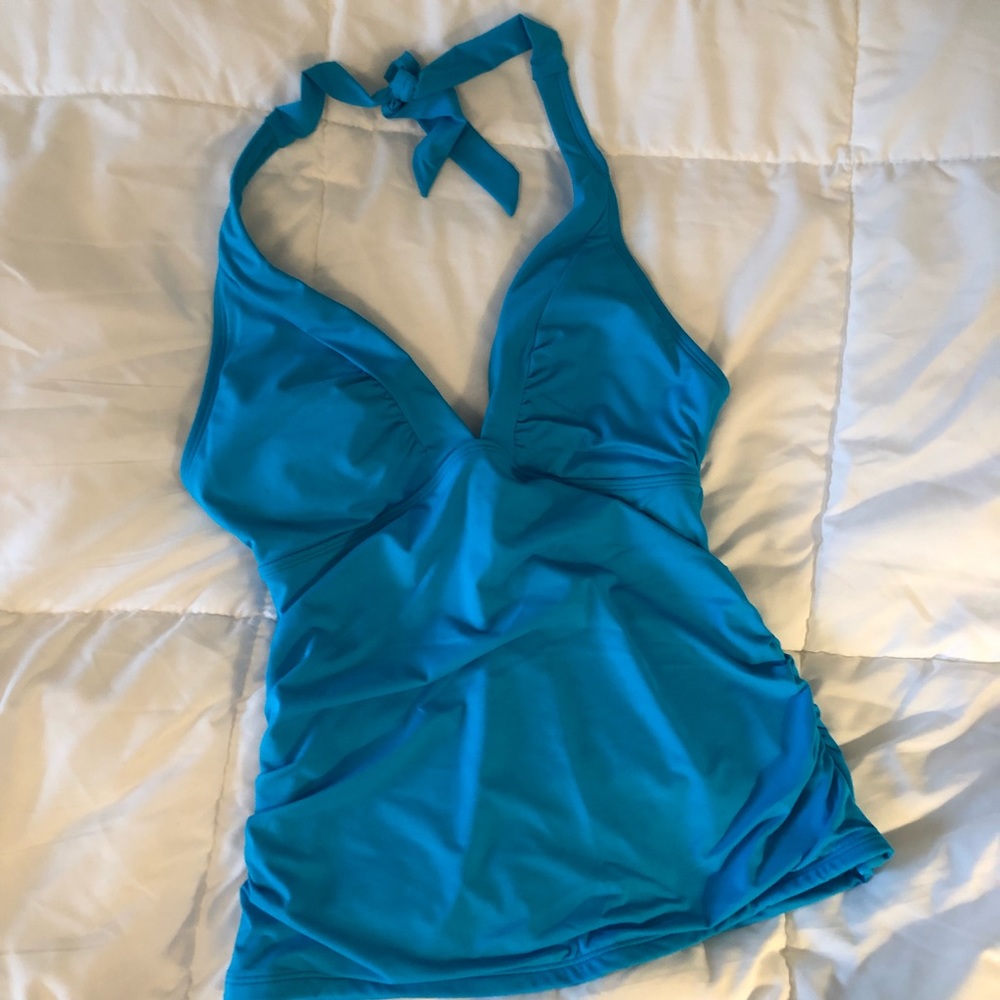 Athleta Tankini Swim Top Built-In Bra Ruched Sides Aqua Blue Sz S
